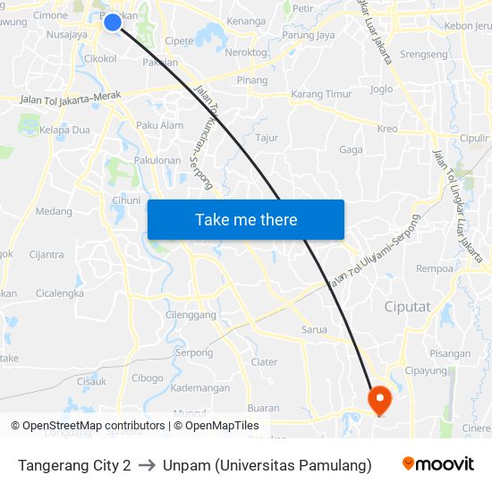 Tangerang City 2 to Unpam (Universitas Pamulang) map