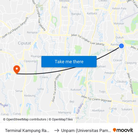 Terminal Kampung Rambutan to Unpam (Universitas Pamulang) map