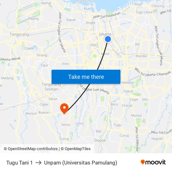 Tugu Tani 1 to Unpam (Universitas Pamulang) map