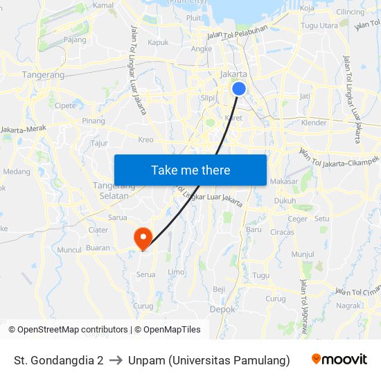 St. Gondangdia 2 to Unpam (Universitas Pamulang) map