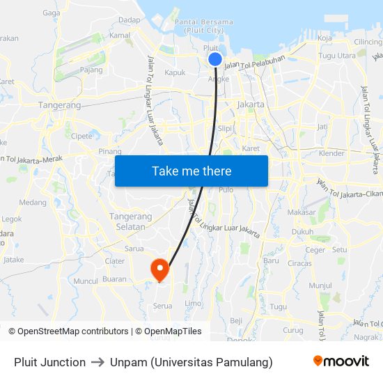 Pluit Junction to Unpam (Universitas Pamulang) map