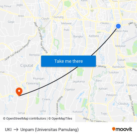 UKI to Unpam (Universitas Pamulang) map