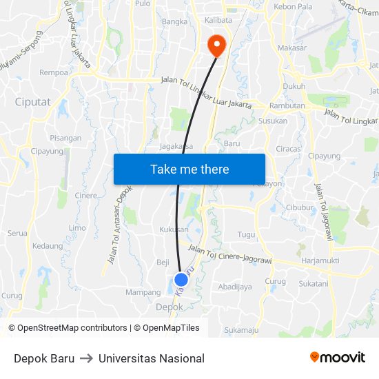 Depok Baru to Universitas Nasional map