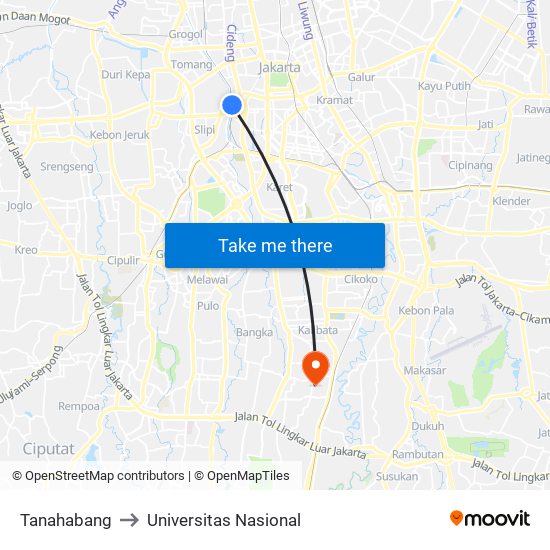 Tanahabang to Universitas Nasional map