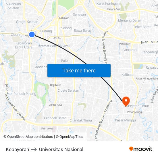 Kebayoran to Universitas Nasional map