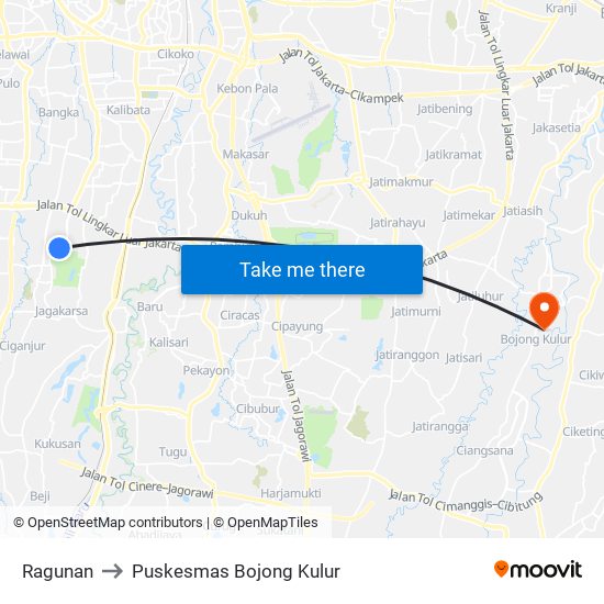 Ragunan to Puskesmas Bojong Kulur map