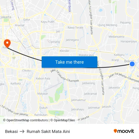 Bekasi to Rumah Sakit Mata Aini map
