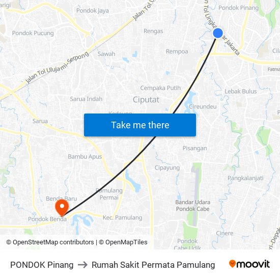 PONDOK Pinang to Rumah Sakit Permata Pamulang map
