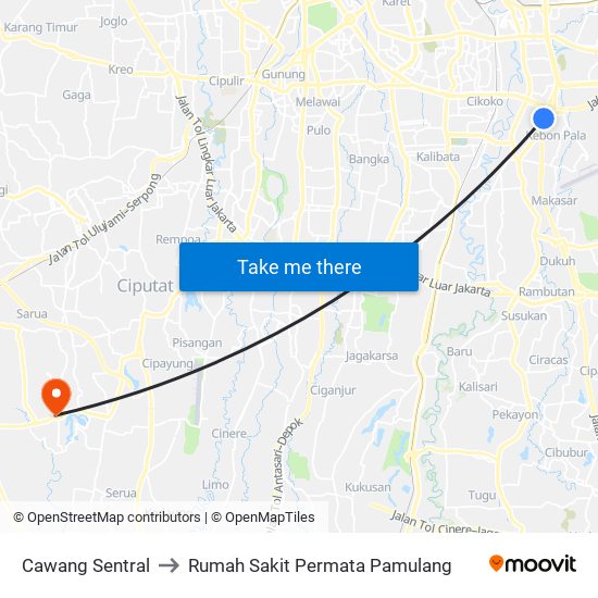 Cawang Sentral to Rumah Sakit Permata Pamulang map