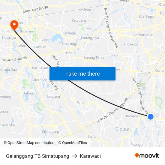 Gelanggang TB Simatupang to Karawaci map
