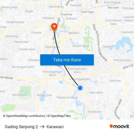 Gading Serpong 2 to Karawaci map