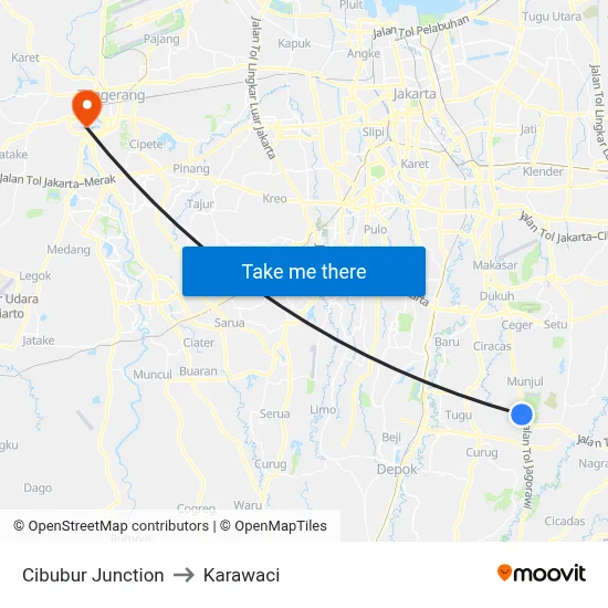 Cibubur Junction to Karawaci map