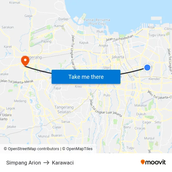 Simpang Arion to Karawaci map