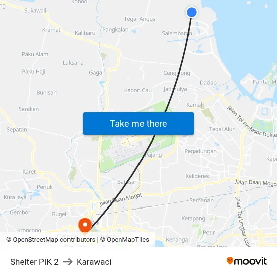 Shelter PIK 2 to Karawaci map