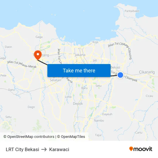LRT City Bekasi to Karawaci map