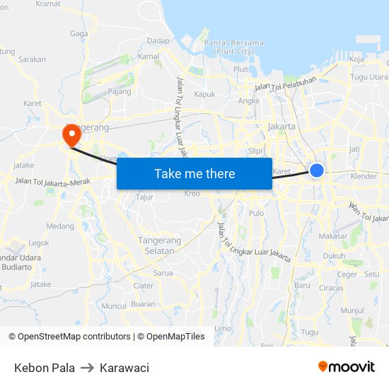 Kebon Pala to Karawaci map