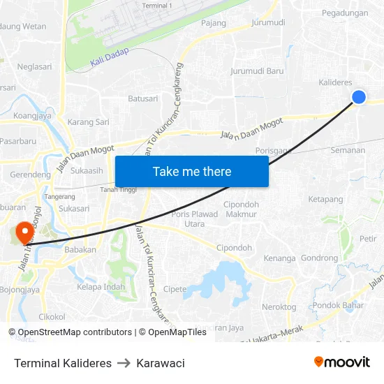 Terminal Kalideres to Karawaci map