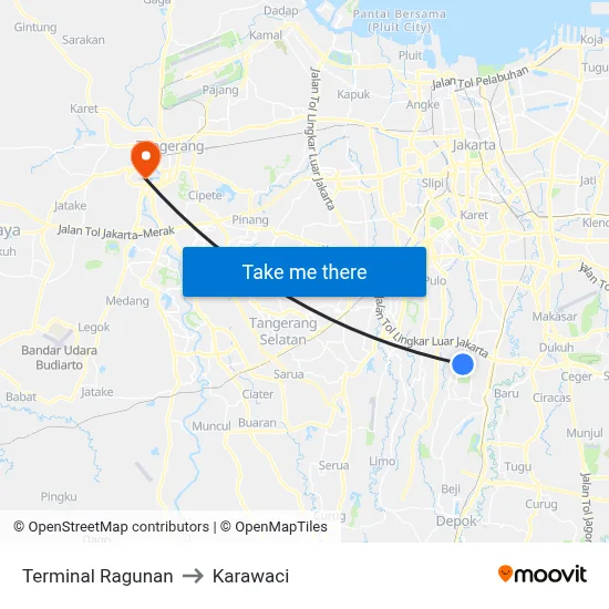Terminal Ragunan to Karawaci map