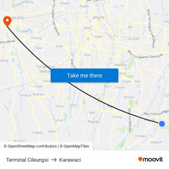 Terminal Cileungsi to Karawaci map