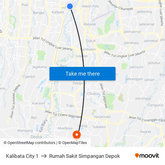 Kalibata City 1 to Rumah Sakit Simpangan Depok map