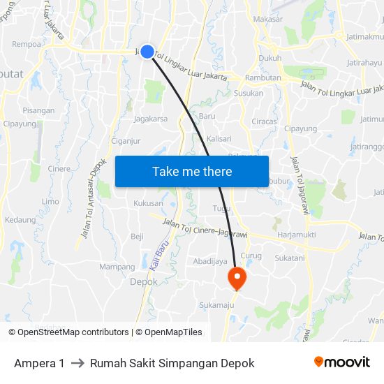 Ampera 1 to Rumah Sakit Simpangan Depok map