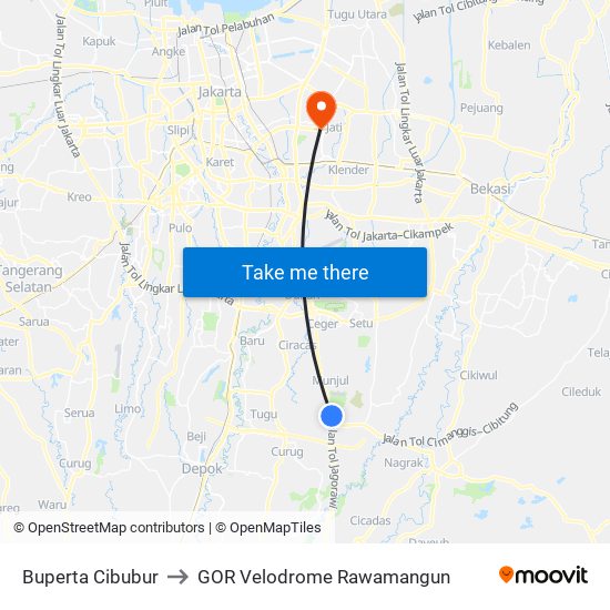 Buperta Cibubur to GOR Velodrome Rawamangun map