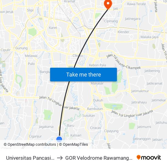 Universitas Pancasila to GOR Velodrome Rawamangun map