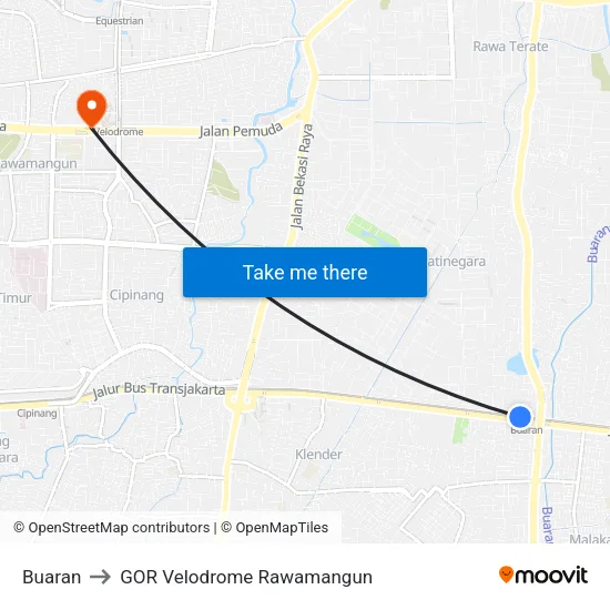 Buaran to GOR Velodrome Rawamangun map