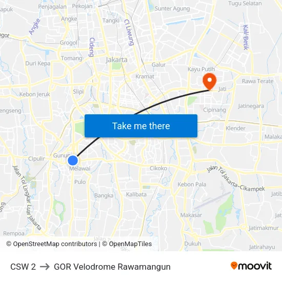 CSW 2 to GOR Velodrome Rawamangun map