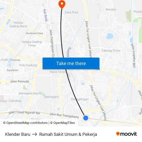 Klender Baru to Rumah Sakit Umum & Pekerja map