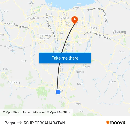 Bogor to RSUP PERSAHABATAN map