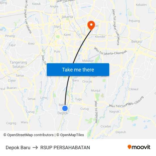 Depok Baru to RSUP PERSAHABATAN map