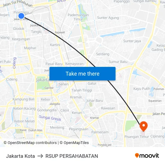 Jakarta Kota to RSUP PERSAHABATAN map