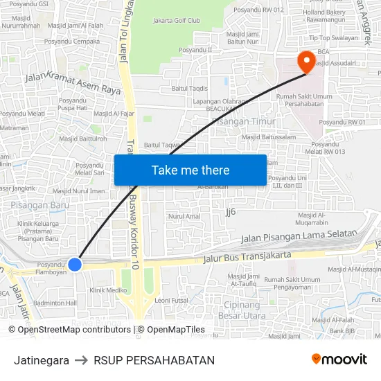 Jatinegara to RSUP PERSAHABATAN map