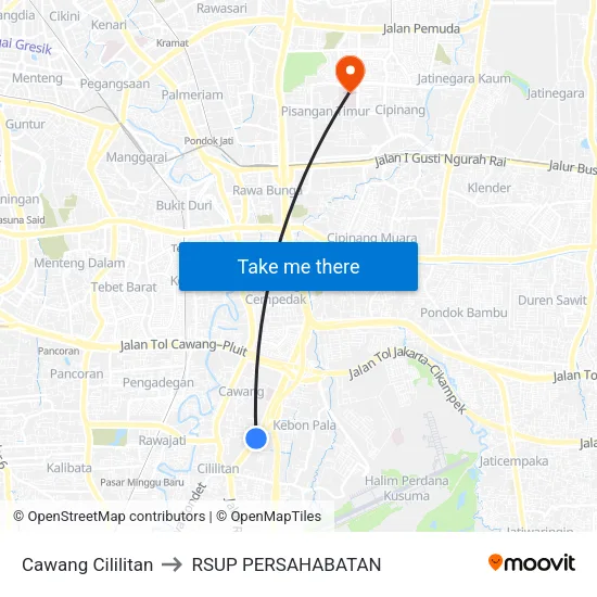 Cawang Cililitan to RSUP PERSAHABATAN map
