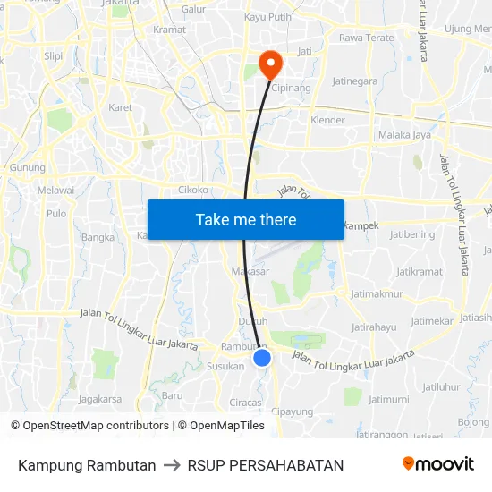Kampung Rambutan to RSUP PERSAHABATAN map