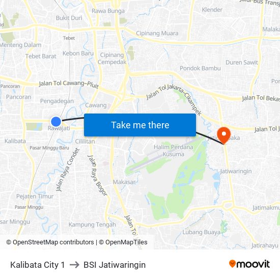 Kalibata City 1 to BSI Jatiwaringin map