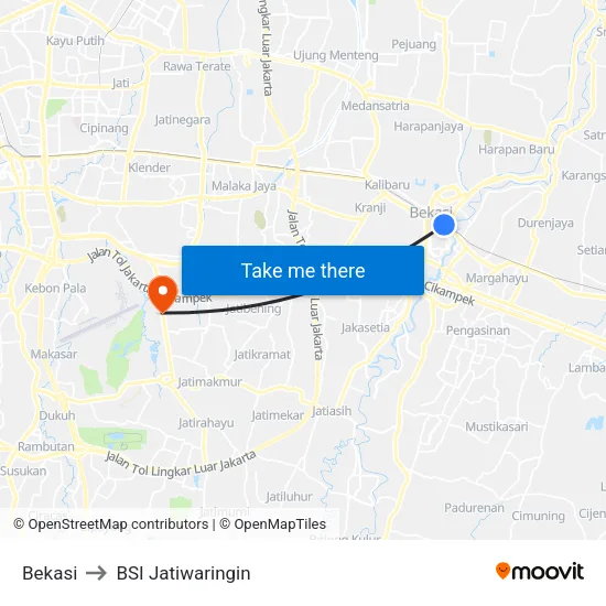 Bekasi to BSI Jatiwaringin map