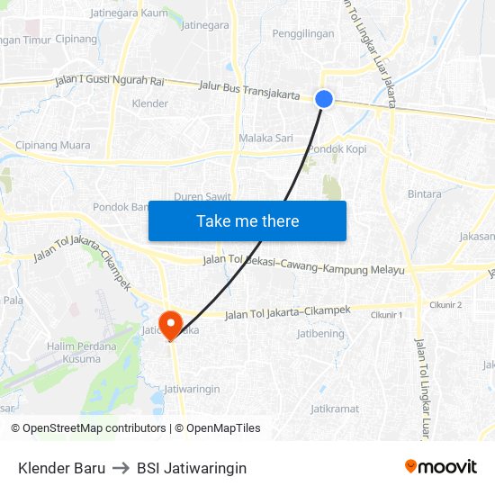 Klender Baru to BSI Jatiwaringin map