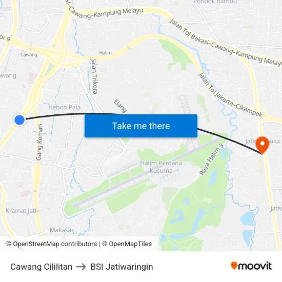 Cawang Cililitan to BSI Jatiwaringin map