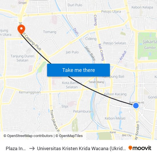 Plaza Indonesia to Universitas Kristen Krida Wacana (Ukrida) Kampus Tanjung Duren map