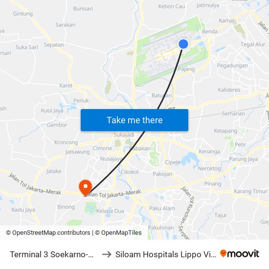 Terminal 3 Soekarno-Hatta to Siloam Hospitals Lippo Village map