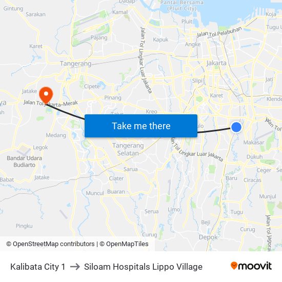 Kalibata City 1 to Siloam Hospitals Lippo Village map