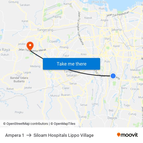 Ampera 1 to Siloam Hospitals Lippo Village map