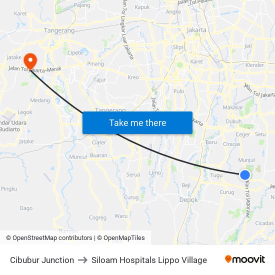 Cibubur Junction to Siloam Hospitals Lippo Village map