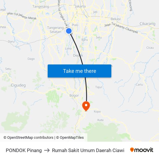 PONDOK Pinang to Rumah Sakit Umum Daerah Ciawi map