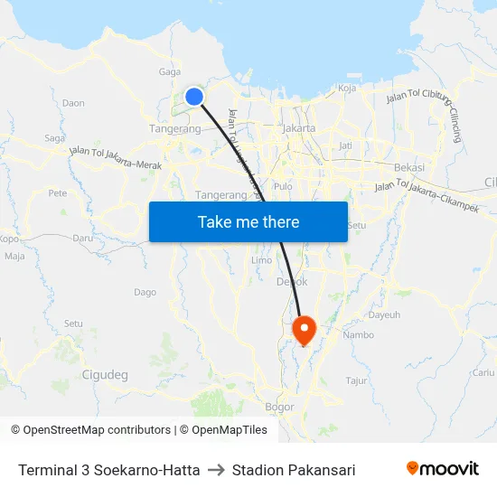 Terminal 3 Soekarno-Hatta to Stadion Pakansari map