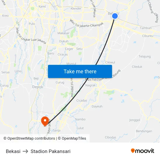 Bekasi to Stadion Pakansari map