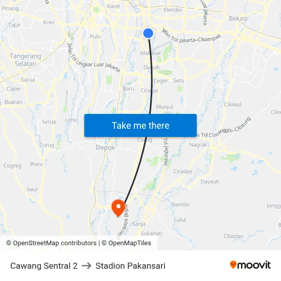 Cawang Sentral 2 to Stadion Pakansari map