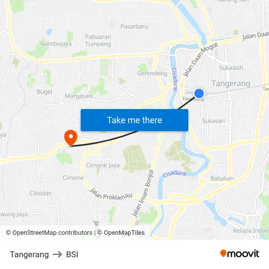 Tangerang to BSI map